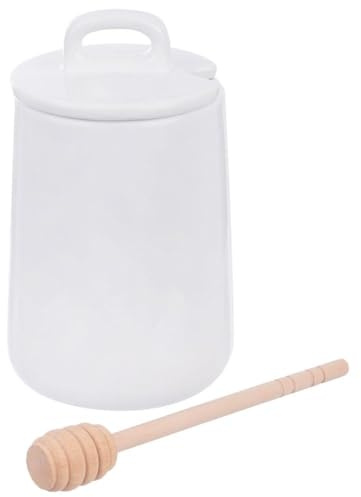 orion group Porzellanbehälter Honigtopf Honigbehälter mit Deckel und | Holzlöffel Whiteline 470 ml