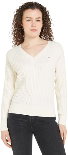 Tommy Hilfiger Jersey Mujer Cable Sweater con Cuello de Pico, Marfil (Ivory Petal), XL
