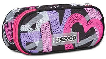 Seven Portapenne Scuola Round Plus, Nero Fucsia, Draft Heart, Bustina Ovale Con Tasca Interna ed Elastici Porta Penne, Accessori Zaino, Elementari, Medie, Superiori, Bambina Ragazza