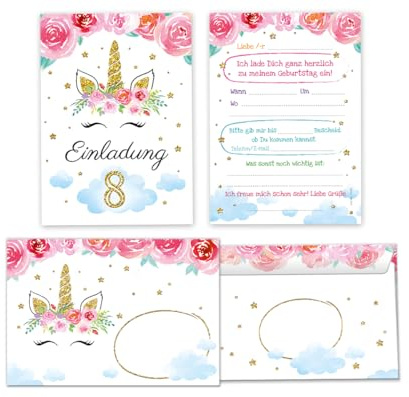 Minkocards 12 Einladungskarten incl. 12 Umschläge zum 8. Kindergeburtstag Mädchen Einhorn Einladung achte Geburtstag Mädchengeburtstag Geburtstagseinladungen