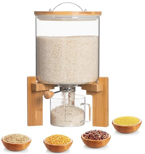SCENEN Glass Rice Dispenser 5L, Cereal Dispenser Countertop, Grain Dispenser/Food Storge Container for Kitchen and Pantry Organization, Cereal Dispenser with Bamboo Holder