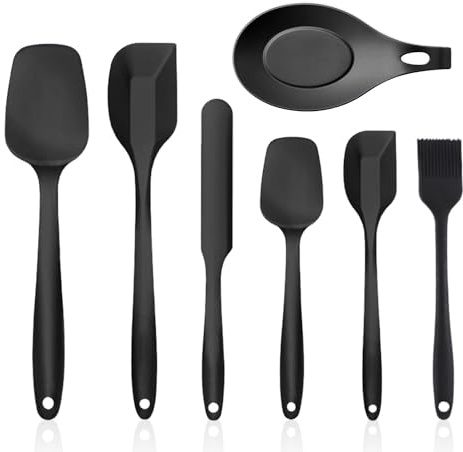 TYGFRT 6pcs Silicone Spatula Set, 1 Silicone Spoon Holder, Baking & Cooking Set, Black