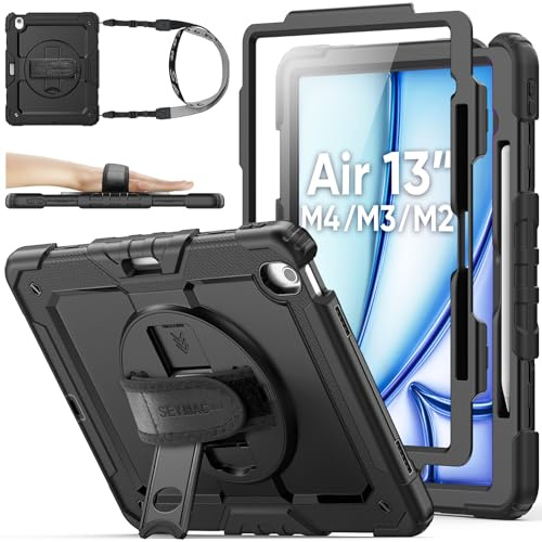 SEYMAC stock Coque pour iPad Air 13 Pouces M4-M2 2026-2024 (8e-6e), Coque Antichoc avec Protecteur D'écran, Support Rotatif à 360°/Dragonne, Porte-Stylet et Bandoulière, Noir