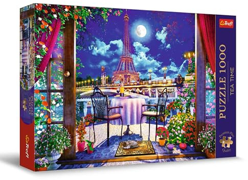 Trefl Premium Plus Quality - Puzzle Tea Time: París bajo la luz de la Luna - 1000 Piezas, Serie de imágenes nostálgicas de Pintura, para Adultos y niños a Partir de 12 años