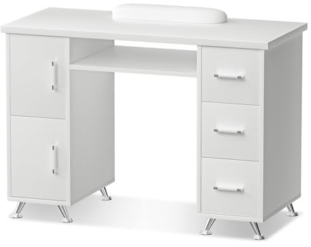 ABTSalon Acetone Resistant Manicure Table, White Nail Tech Desk with Double Layered Design