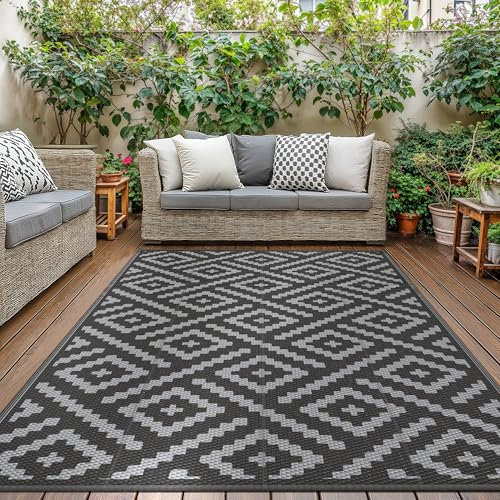 GENIMO Outdoor Rug 150x240cm – Waterproof, Reversible & UV Resistant Garden Rug, Recycled Material, Washable Patio & Backyard Carpet, Modern Black & Grey Area Rug for Picnic