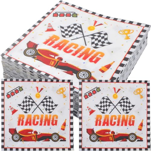 AGNURCADE Lot de 60 serviettes en papier jetables en forme de voiture de course avec drapeau à carreaux noirs et blancs - Fournitures pour adolescents et garçons - Décorations de fête sur le thème des