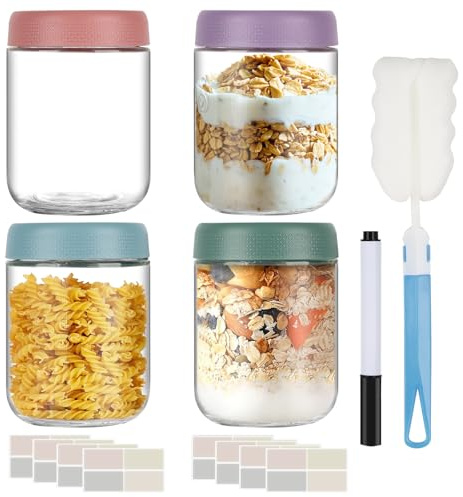 Esilihom Overnight Oats Jars with Lids, 4 Pack 500ml Glass Yoghurt Pots | Colour-Coded Containers In Blue, Green, Purple And Pink; Microwave Safe For Breakfast, Cereal, Fruit, Pudding, Salad And Jam