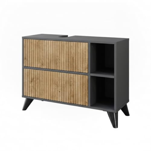 Vicco Mobiletto per lavabo Leano, Antracite/quercia di montagna, 80 x 62 cm con 2 cassetti, adatto per la conservazione di articoli da bagno e asciugamani