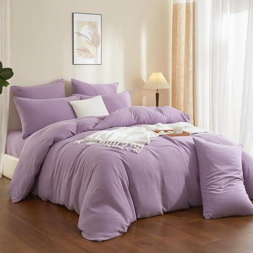 YASMENG Doppelte Muslin Bettwäsche 135x200 Lila 100% Baumwolle Bettwäsche Muslin Weich Atmungsaktiv Kuschelige Bettbezug Set 2teilig mit Reißverschluss und 80x80 cm Kissenbezug