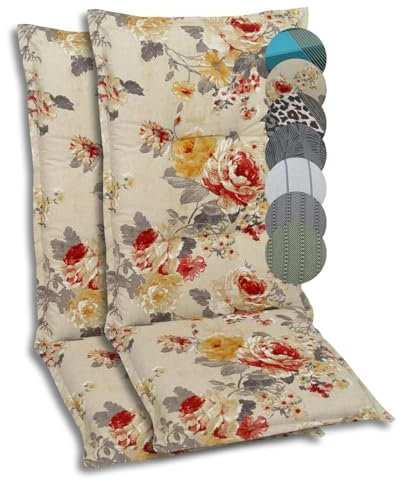 GO-DE Textil Bequeme und attraktive Polsterauflagen für Hochlehner-Gartenstühle (2er-Set, Blumen Beige, Hochlehner)