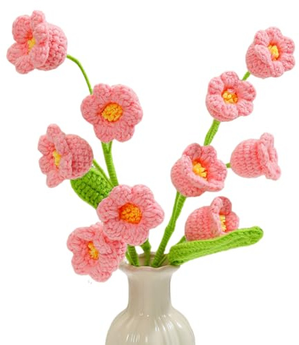 Magicherry 2 Pieces Crochet Lily of The Valley Flower Bouquet Artificial Lily of The Valley Finished Crocheted Flower Arrangements for Home Office Wedding Table Decor,Pink