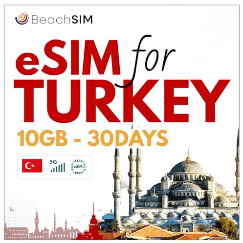BeachSIM Türkei eSIM 30 Tage. 10 GB Datenvolumen mit 4G/5G Geschwindigkeit. Schnelle Aktivierung. Einfaches Aufladen. Funktioniert mit eSIM-kompatiblen Geräten. Nur Prepaid-Daten.