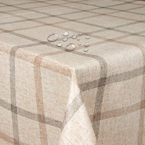 Wachstuch Wachstischdecke Gartentischdecke Landhaus Kariert Beige Rechteckig 120 x 160 cm, abwischbare Tischdecke, wasserabweisend