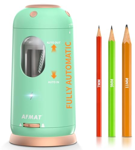 AFMAT Vollautomatischer Elektrischer Anspitzer für Kinder, USB Wiederaufladbarer Bleistiftspitzer für 7-11.5mm Bleistifte und Buntstifte, mit Behälter, Grün PSC8