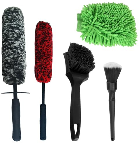 dogmoon Kit de 5 cepillos para ruedas de automóvil, kit de herramientas de lavado de cepillos de ruedas con guantes limpiadores de coche, cepillo de limpieza de ruedas flexible y cepillo limpiador de