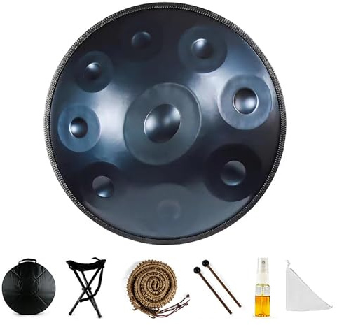 22 Zoll Handpan Steel Drum 9/10/12 Töne Handpan Instrument, Harmonic Handpan Drum Für Klangheilung, Yoga, Mit Rucksack, Ständer, 2 Schlägel Pflegeöl Und Reinigungstuch(Blue,10 Notes)