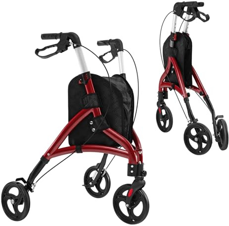 HOMFME Lightweight Folding Rollator Walkers, Aluminium Tri Walking Frame with Adjustable Handle, Storage Bag, Braking System, Foot Lift, 3 Wheel Medical Walking Aid for Elderly Disabled (Red)