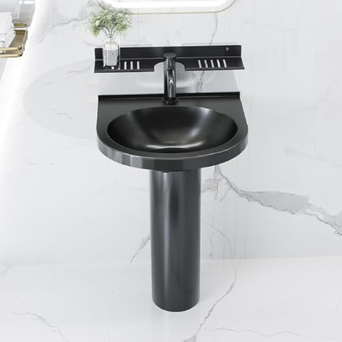 Fregadero de baño redondo de pie con pedestal – Lavabo de acero inoxidable que ahorra espacio con accesorios de drenaje para inodoro – Moderno fregadero negro