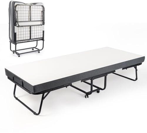 M.J COMFY-LIFE Folding Bed with Mattress – Portable Fold Up Rollaway Guest Bed with 10cm Memory Foam Mattress, Foldable Metal Frame, Space-Saving Single Bed with Wheels for Adults Dorm Apartment