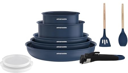 Arthur Martin Batterie de Cuisine 10 Pièces Aluminium Céramique, Bleu | aluminium 2,5 mm, revêtement céramique, couvercles hermétiques, ustensiles bois et silicone, tous feux induction