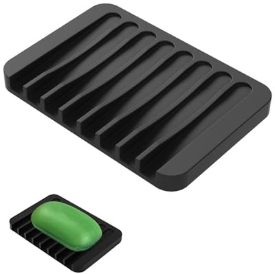 HUVZOR Porte-Savon en Silicone - Noir Support Savon Auto-Drainant Porte Savon avec Évacuation pour Douche, Salle de Bain, Évier de Cuisine