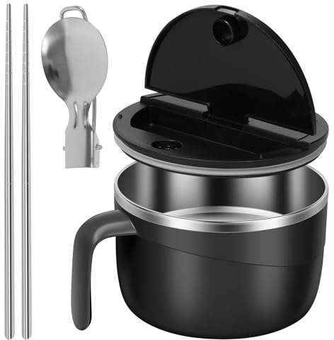 1200ml Large Ramen Bowl with Drainable Lid and Handle, Stainless Steel Instant Noodle Bowl Set with Phone Holder, Collapsible Spoon and Chopsticks, Ramen Cooker Bowls for Dorm, Office and Home (Black)