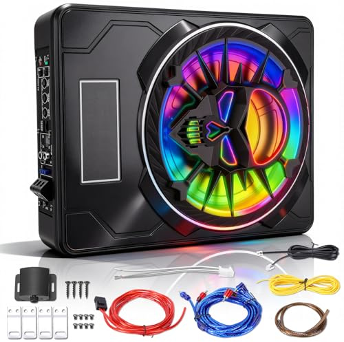 WODHMIEY Fahrzeug Aktiver Subwoofer 10Zoll Ultra Dünn Unter Sitz 800W Peak 220W RMS Aktives Bassmodul Integrierter Verstärker Einstellbar Low Pass Gain Bass Boost Farbenfroh LED Licht Auto Truck SUV