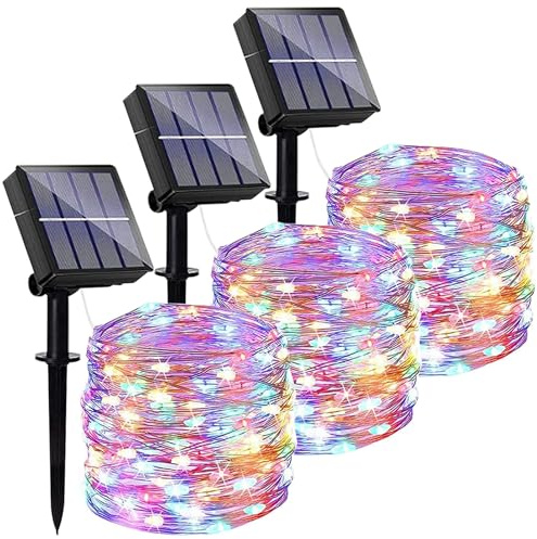 Lezonic Solarleuchten für den Außenbereich, 3 Stück, je 120 LEDs, wasserdicht, 8 Modi, Garten-Solarleuchten, Kupferdraht-Beleuchtung für Hochzeit, Terrasse, Hof, Baum, Weihnachten (mehrfarbig)