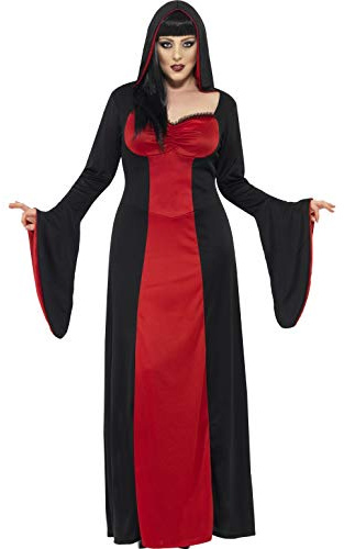 Smiffys Disfraz de vampiresa siniestra, Rojo y negro, con vestido largo con capucha Halloween, Carnaval