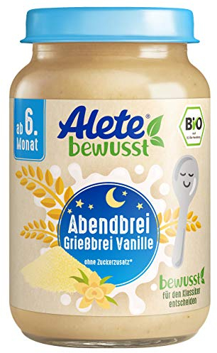 Alete Bio Gläschen Abendbrei Grießbrei Vanille, Babynahrung in Bio-Qualität, ohne Palmöl & Zuckerzusatz, ab dem 6. Monat, 6er Pack (6 x 190 g), 70302