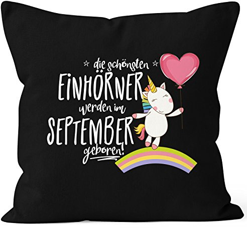 MoonWorks Kissenbezug die schönsten Einhörner Werden im September geboren 40x40 Baumwolle Geschenk Geburtstag Unicorn Schwarz 40cm x 40cm
