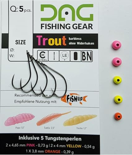 DAG Forellenhaken mit Tungstenperlen - 5 Angelhaken, Größe:4