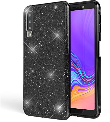 NALIA Glitzerhülle für Samsung Galaxy A7 (2018) - Funkelnder Glitzer-Look & Grip - SHINEPOP (Silikon Case) - Marke aus Berlin, Farbe:Schwarz