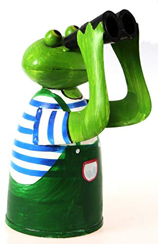 AWEHIRU Schick-Design Zaunhocker Frosch mit Fernglas und blauem Shirt aus Blech 21 cm Figur Metall Deko Garten Balkon Dekofigur Pfostenhocker