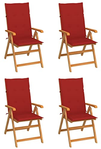 vidaXL 4X Teak Massiv Gartenstuhl mit Roten Kissen Klappbar Hochlehner Klappstuhl Gartensessel Holzstuhl Stuhl Stühle Gartenstühle