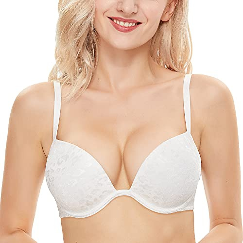 WingsLove push-up BH sexig djup V dopp lägg till 2 koppar BH bygel t-shirt BH multiway, Vitt, 85E