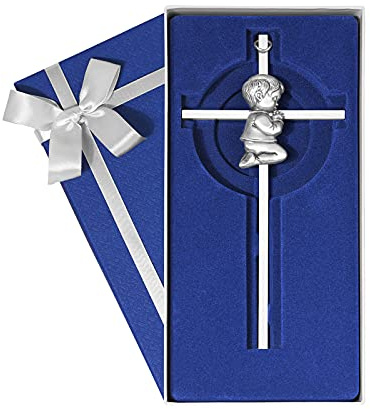 Tryuunion Baby Wall Cross Baptism Gifts for Boys, 7-inch Silver Blessing Boy Baptism Crosses for First Holy Communion Christening and Dedication Baptismal Gifts from Godparents