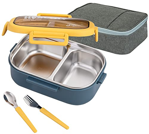 Lille Home Fiambrera de Acero Inoxidable, 2 Compartimentos, 850ml | Contenedor de alimentos sin plomo y sin BPA. Incluye bolsa de almuerzo y juego de cubiertos. Ideal para llevar a diario