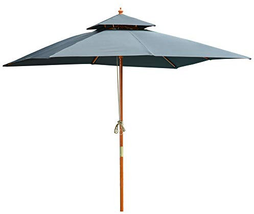 Outsunny Ombrellone da Giardino 3x3 m con Sistema a Corda, Parasole a 2 Livelli, Ombrellone da Esterno Quadrato a 8 Stecche, in Bambù, Legno Pioppo e Poliestere, per Cortile Balcone, Grigio Scuro