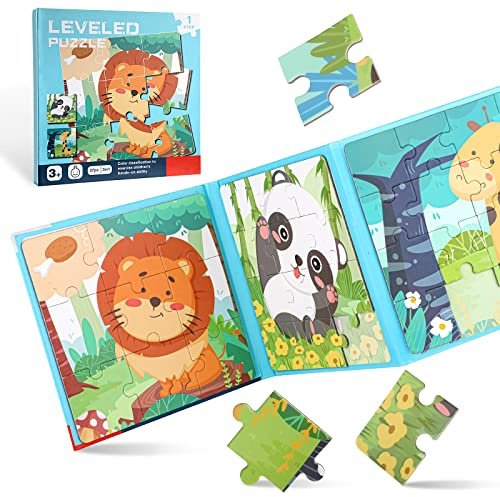 Kinderpuzzle Magnet, 9-12-16 Teile Magnete Puzzlebuchen für Kinder, Magnetische Puzzle Beschäftigung für Kleinkind 3 4 5 Jahren im Flugzeug, Autospiele (Waldtiere Schwierigkeitsgrade-Stufe 1)