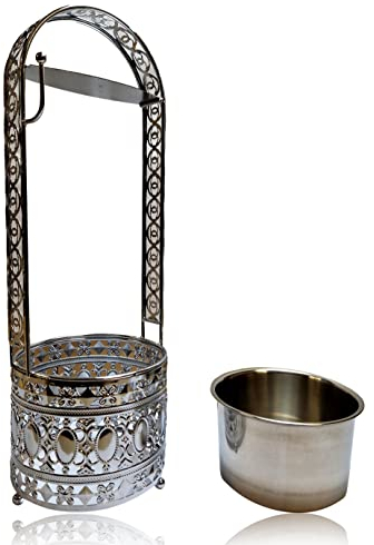 Bayli Shisha Kohlebehälter | Höhe - 49cm - Kohlekorb für die Shisha, Wasserpfeife Kohle | Grillkohlekorb mit Zangenhalter | Charcoal Basket - Silber | Kohlezubehör für Shishas & Wasserpfeifen L