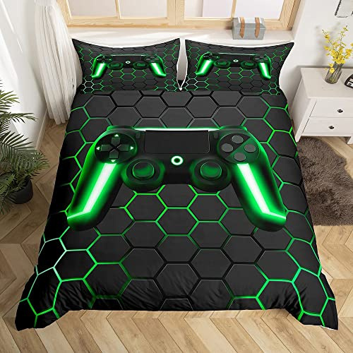 Ensembles de Literie 220x240 pour Garçons,Housse de Couette Gaming,Housse Couette Gamer pour Enfants,Parure de Lit Manette de Jeu Neon Lights pour Les Ados,Literie Géométrie Nid D'Abeille Hexagone