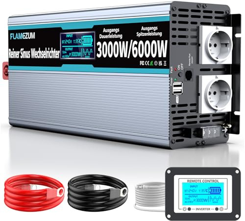Omvandlare 24 V till 230 V ren sinus 3 000 W, spänningsomvandlare, strömomvandlare med fjärrkontroll LED-display och 2 EU AC-uttag och 2 USB-portar för bil, husvagn, båt, camping