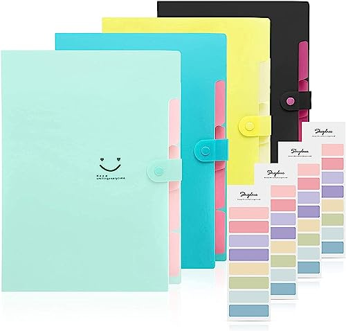 SKYDUE Fächermappe, Dokumententasche A4 Mit Bunten Labeln, Erweiterbar Ordner Mappen Ordnersystem Mit Druckknopf, Dokumentenmappe Für Büro Hause Schulalltag (4 Packungen, 5 Tasche)