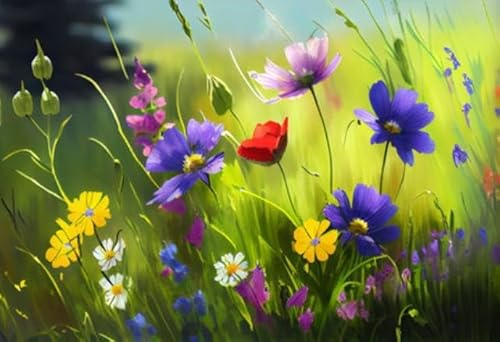 Holz-Bild 100 x 70 cm: Blumen auf der Wiese an einem sonnigen Tag. Digitale Zeichnung. (201834307)