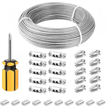 ZONADAH 3mm 50M 304 Stainless Steel Vinyl Coated Hanging Wire Cable Kit with Thimbles Crimping Sleeves Wire Rope Clips for Garden Plants Supporting, Picture Lights Hanging Clotheslines Rigging Wire
