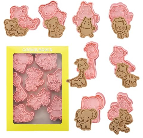 8 Pcs Cookie Cutter Stamp Plastic Forest Animal Cookie Cutters with Plunger Stamps Set 3D Forest Animal Fun Biscuits Mould Set for Cookie Dough, Pastry, Donut, Fondant (Pink)