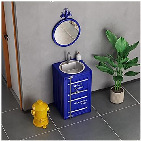 ZTGL Standwaschbecken, Waschtisch, Iron Art Waschbeckenschrank, Industrial Style Retro-badezimmerschrank, Waschbeckenschrank und Waschtischunterschrank mit Wasserhahn,Marine,with Mirror