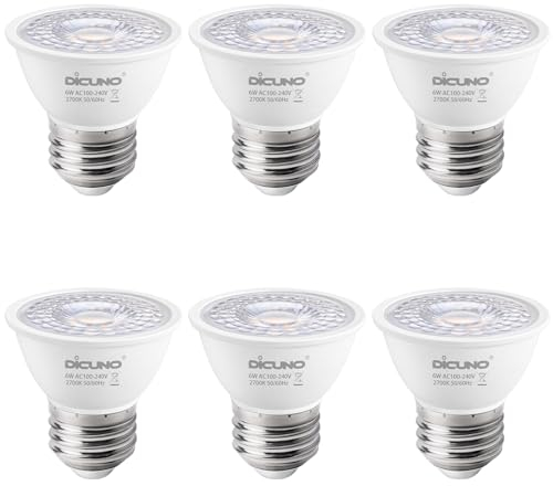 DiCUNO E27 LED Lampe 6W, Warmweiß 2700K, MR16 Scheinwerfer, 500lm in 60° Abstrahlwinkel, Ersetzt 50W Halogenstrahler, PAR16 kurze LED Spots, CRI90, kein Flackern, nicht dimmbar, 230V, 6er Pack